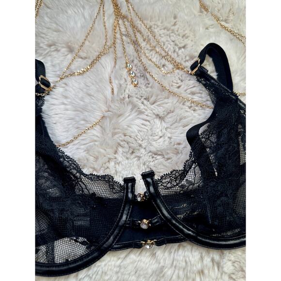 Honey Birdette MAKARA🖤 Black Gold Chain Lace Floral Bra 32DD - Picture 3 of 7